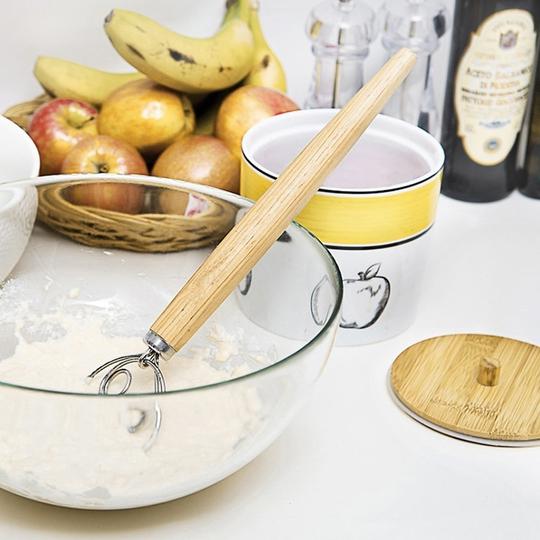 Wood Handle Stainless Steel Egg Beater Flour Dough Stirrer Manual Mixer Blender