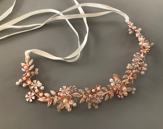 Rose Gold Pearl Crystal Bridal Crown Tiara/& Opal Wedding Headpiece Ribbon Tie Headband Rhinestone Hairpiece Halo