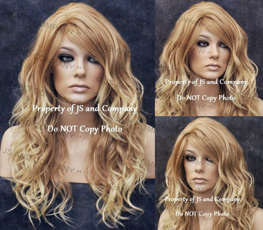 Blonde Mixed Human Hair Blend Wavy Extra Long Bangs Off Center Parting Wavt Curly Cancer Alopecia Theater Cosplay