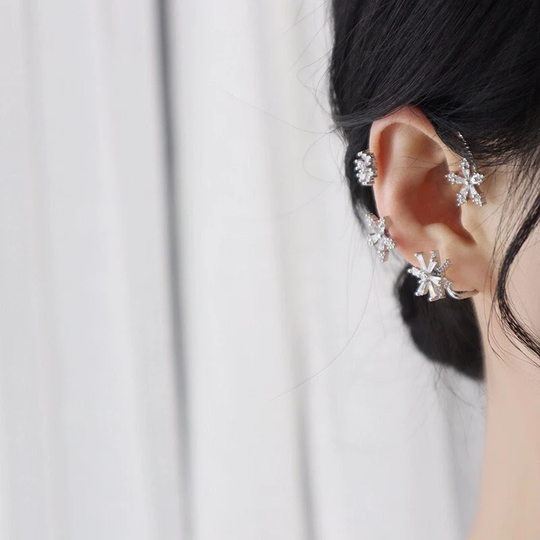 Silver Snowflake Cz Dainty Ear Cuff Earrings, Wrap, Earrings, Climber Earring, Gift For Her, Jewelry Gift, No Piercing