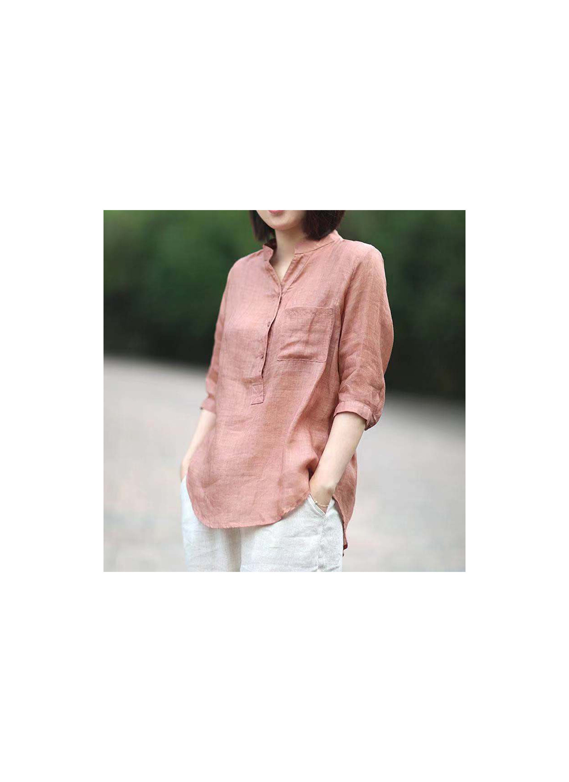 Linen Blend Henley Blouse, Button Up Elbow Length Pullover Blouse