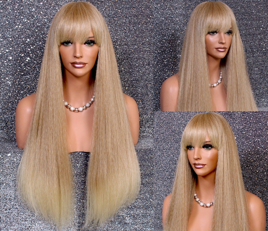 Human Hair Blend Body Crimped Textured Long Blunt Bangs & Length Blonde Mix Heat Safe Wig Cancer/Alopecia/Cosplay
