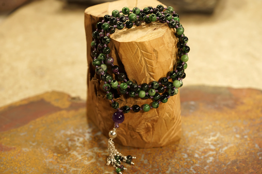 Ruby Zoisite Knotted Mala | 108 & Guru, Necklace, Bracelet With 6-mm Beads A Beaded Sterling Silver Tassel 0394