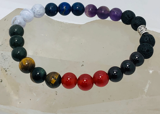 Chakra Amethyst, Lapis, Blue Lace Agate, Canadian Jade, Tigers Eye, Carnelian, Garnet, Lava Rock Stretchy Bracelet