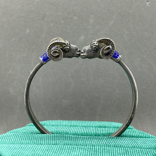 Vintage 900 Silver Ram Bangle Bracelet Coin Enamel Cuff Aries
