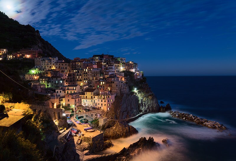 Manarola Moonrise, Cinque Terre, Liguria, Italy, Mediterranean Sea, Fishing Village, Boats | Travel Photography By Theworldexplored
