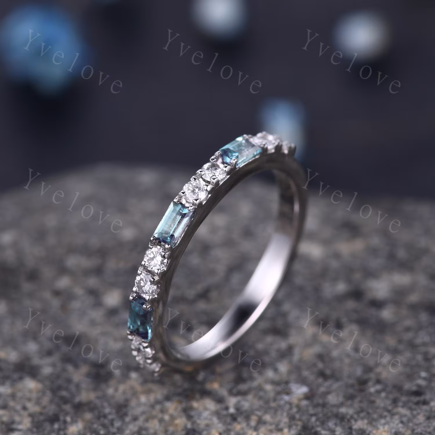 Baguette Cut Alexandrite & Diamond Wedding Ring Half Eternity Band Stacking Match 14K White Gold Anniversary Gift For Her Customized