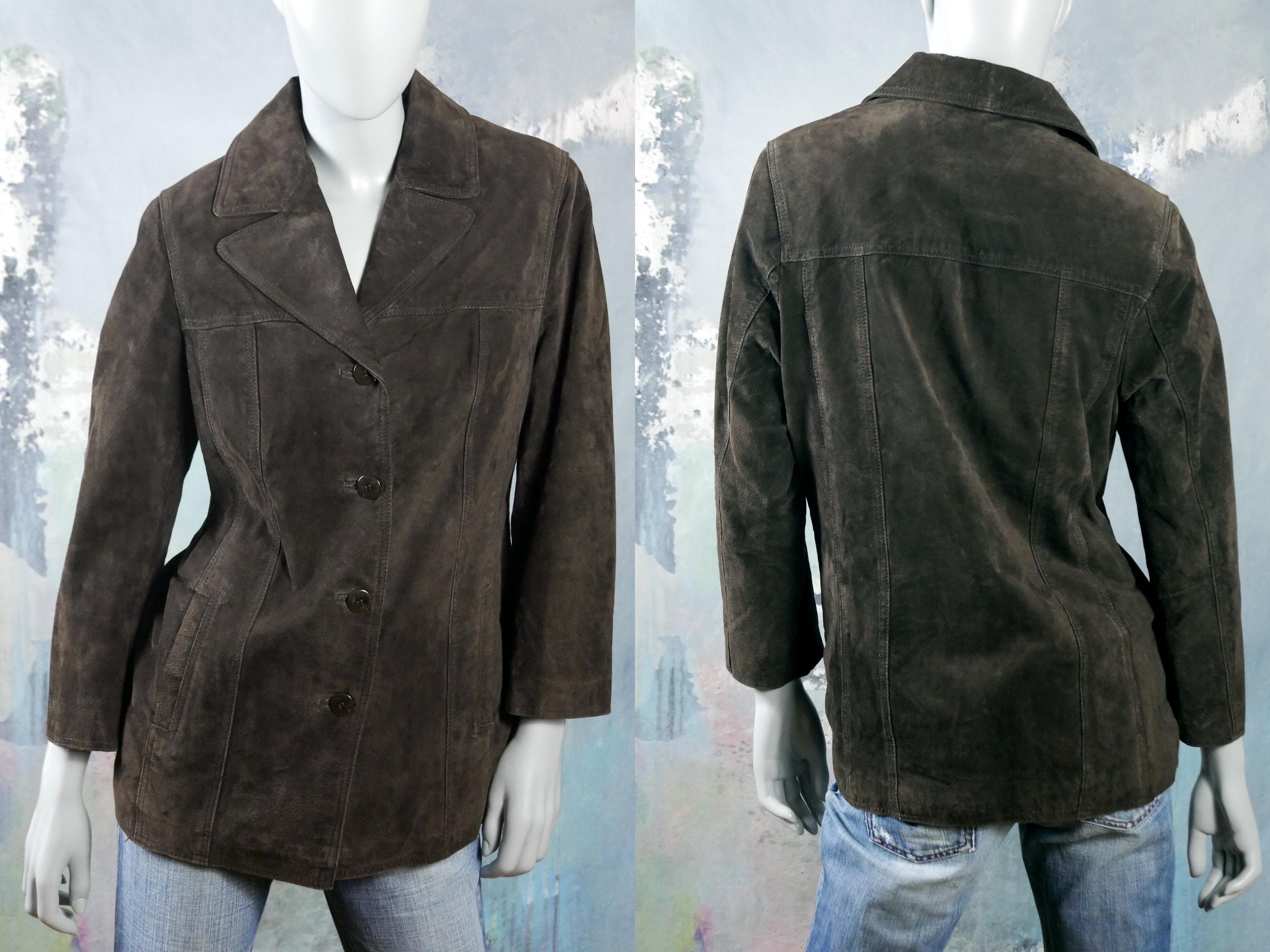 1990S Brown Suede Jacket, Women's European Vintage Retro Genuine Pigsplit Leather Jacket Size 12 Us, 16 Uk