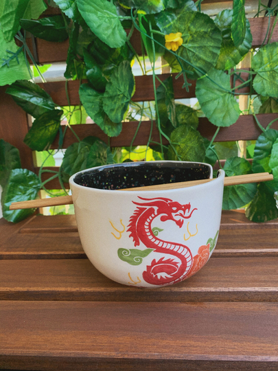 Dragon Ramen Bowl With Bamboo Chopsticks, Handmade Ceramic Bowl, Hand Painted Pottery Noodle Japanese Rice Chinese Soup