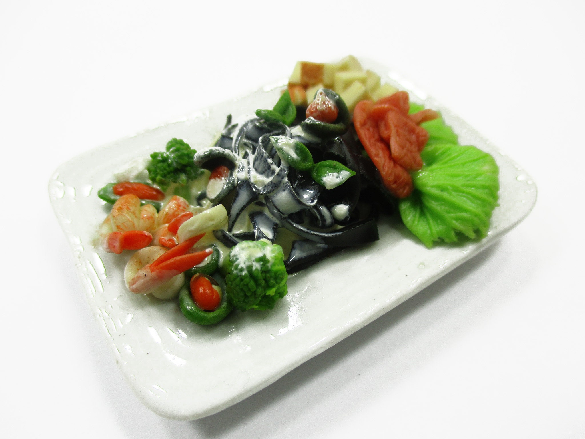 16 Compatible With Barbie Dollhouse Miniature Food Seafood Black Spaghetti With Shrimp 14711