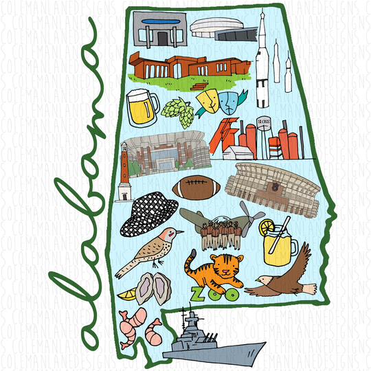 Alabama Hand Drawn City Scene Landmark | Hometown State Pride Full Color Ready To Press Sublimation Transfer T-Shirt Making Supplies