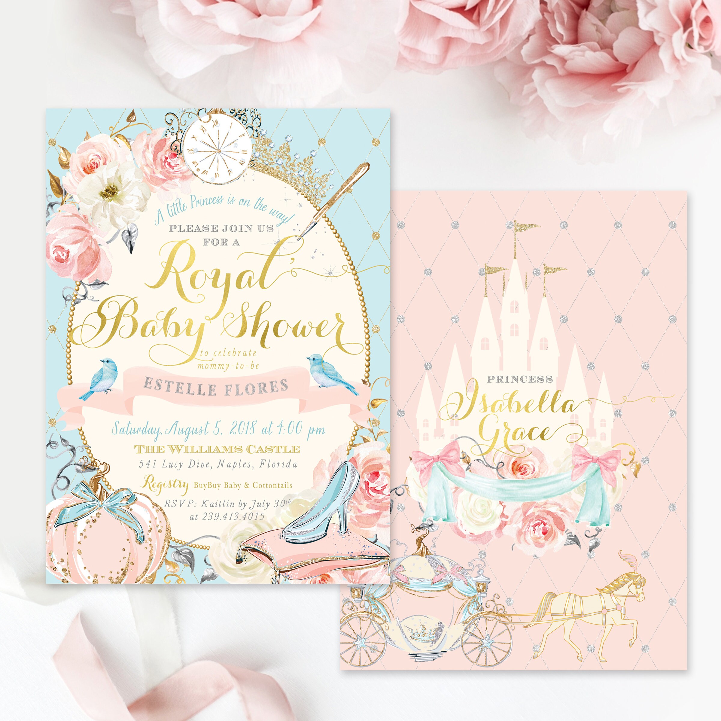 Cinderella Baby Shower Invitation, Princess A Little Is On The Way Invite, Royal Pink