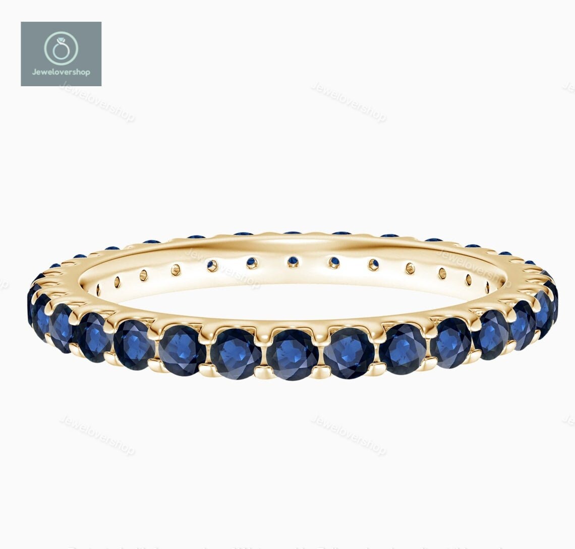 Sapphire Ring, Sterling Silver Rings, Blue Wedding Band, Stacking Pave Full Eternity 14K Gold Ring For Her