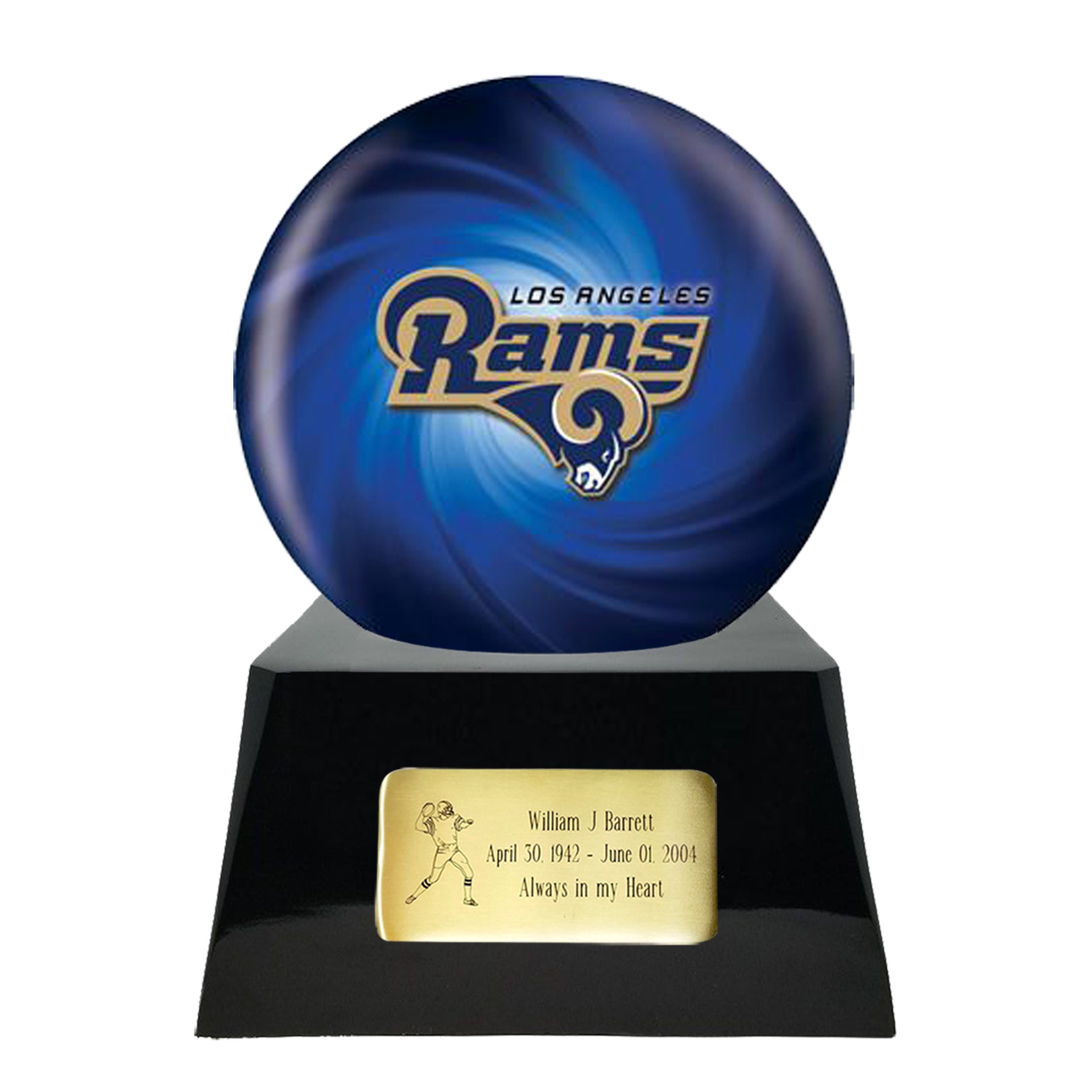 Football Cremation Urn With Optional Los Angeles Rams Ball Decor & Custom Metal Plaque