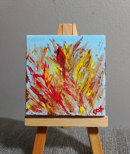 Cardinal By The Marsh | Miniature Acrylic Painting With Easel