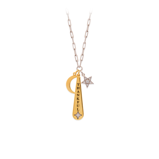 Personalized Two Tone Sterling Silver Moon Cubic Zirconia Star Thankful Charm Necklace