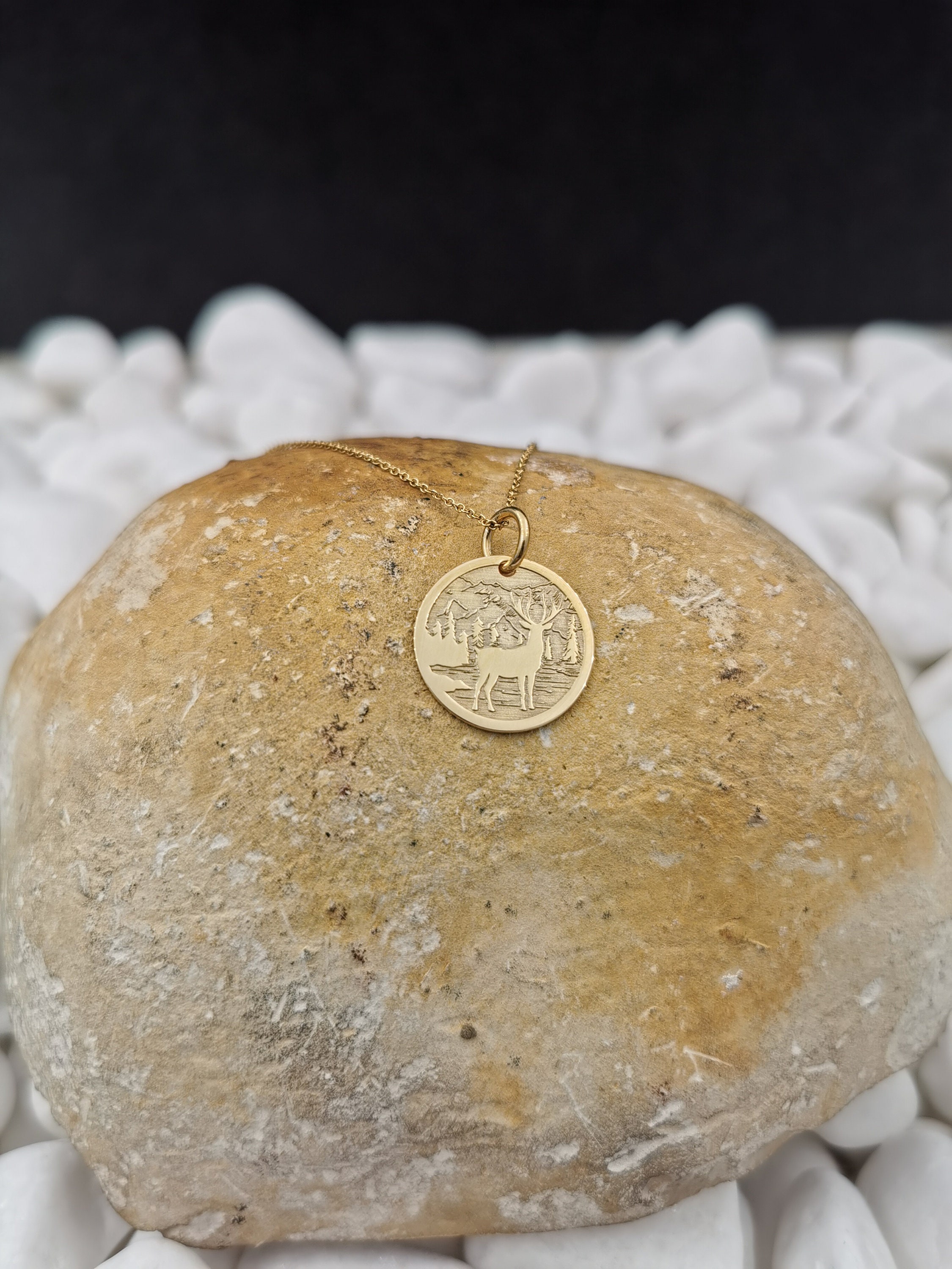 14K Solid Gold Forest Necklace, Deer Necklace , Personalized Forest, Custom Pendant, Animal Pendant