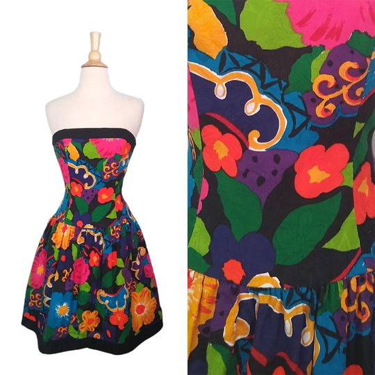 Vintage 80S Dress/Aj Bari Neon Floral Fit N Flare Strapless Boned Cotton Party Prom Gown