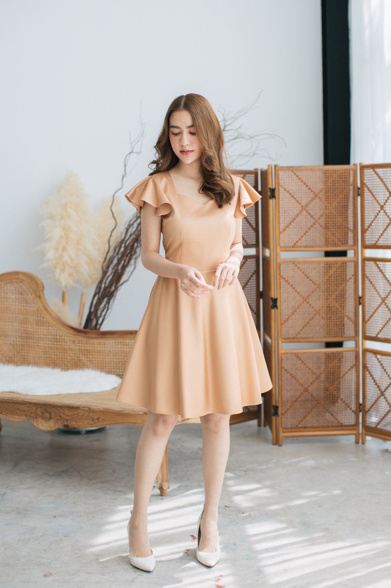 Gold Prom Dress Bridesmaid Evening Elegant Vintage Fairy Tale Party Ruffle Sleeve Sundress Swing Dance Dress-Alita