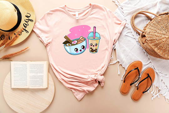 Ramen & Bubble Tea Shirt - Milkshake Lover T-Shirt Boba's Food Drink Funny Girl Clothing Kawaii Tshirt Cat Tee