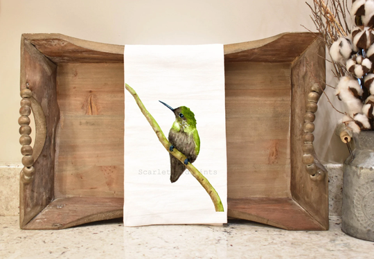 Watercolor Hummingbird Tea Towel, Flour Sack 27x27 Inch Green Kitchen Decor, 100% Cotton Dish Hostess Gift