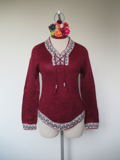 Alpaca Blend Women Sweater Small/Alpaca Pullover Fringe Jumper/Burgundy Winter