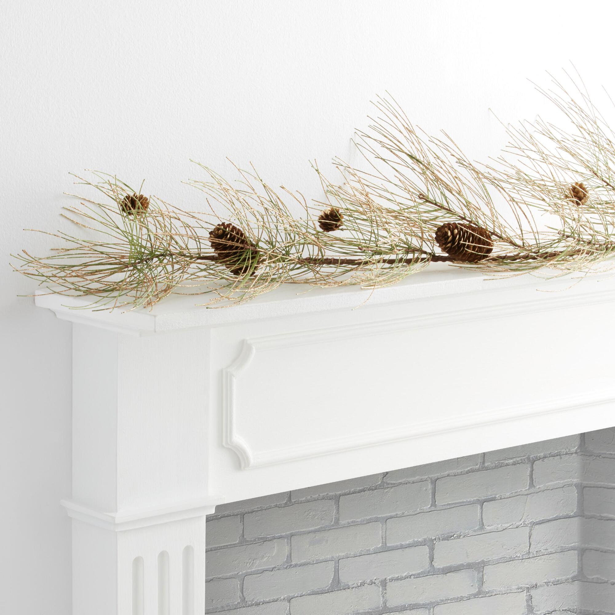 Gold Glittered Green Faux Pine and Pinecone Garland - Plastic by World Market