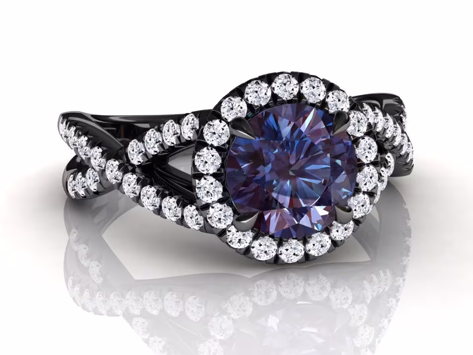 Black Gold Alexandrite Engagement Ring | Halo Natural Diamonds Anniversary Twisting Band