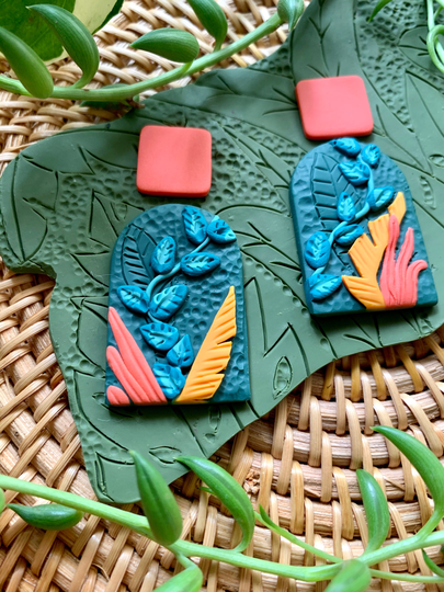 Custom Made To Order Limited Edition Jungle Boggie Rainforests Statement Earrings Gold Teal Coral Variegated Leaf