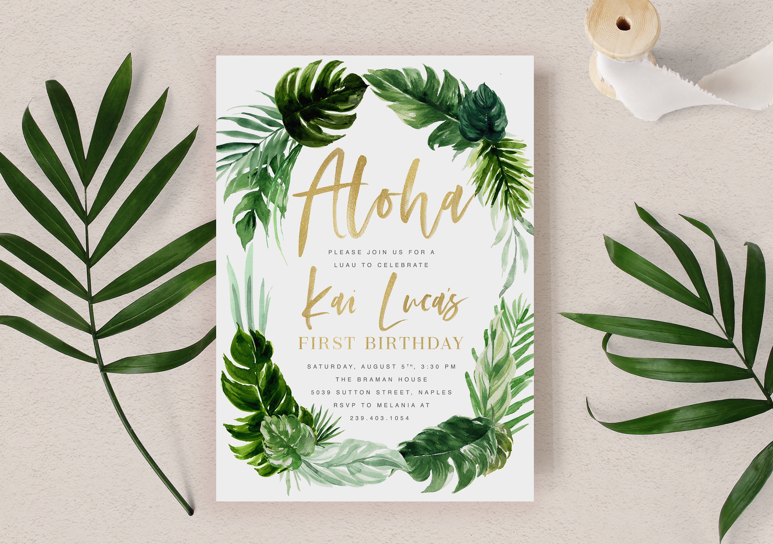 Aloha First Birthday Invitation Boy, Tropical Invitation, Luau 1st Invite, Birthday, Gender Neutral - Kai