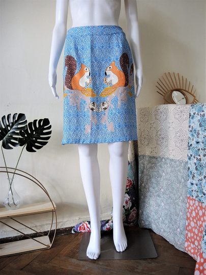 Vintage Sky Blue Silk Blend Skirt With Squirrel Print 1990S 90S 2000S 00S