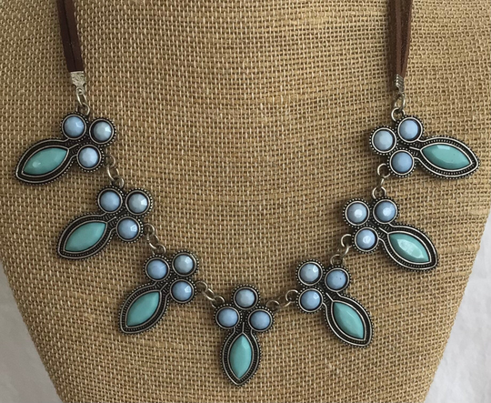Blue Faux Stone Bib Necklace, Brown Suede, 16"-19", Silver Tone | Ak12