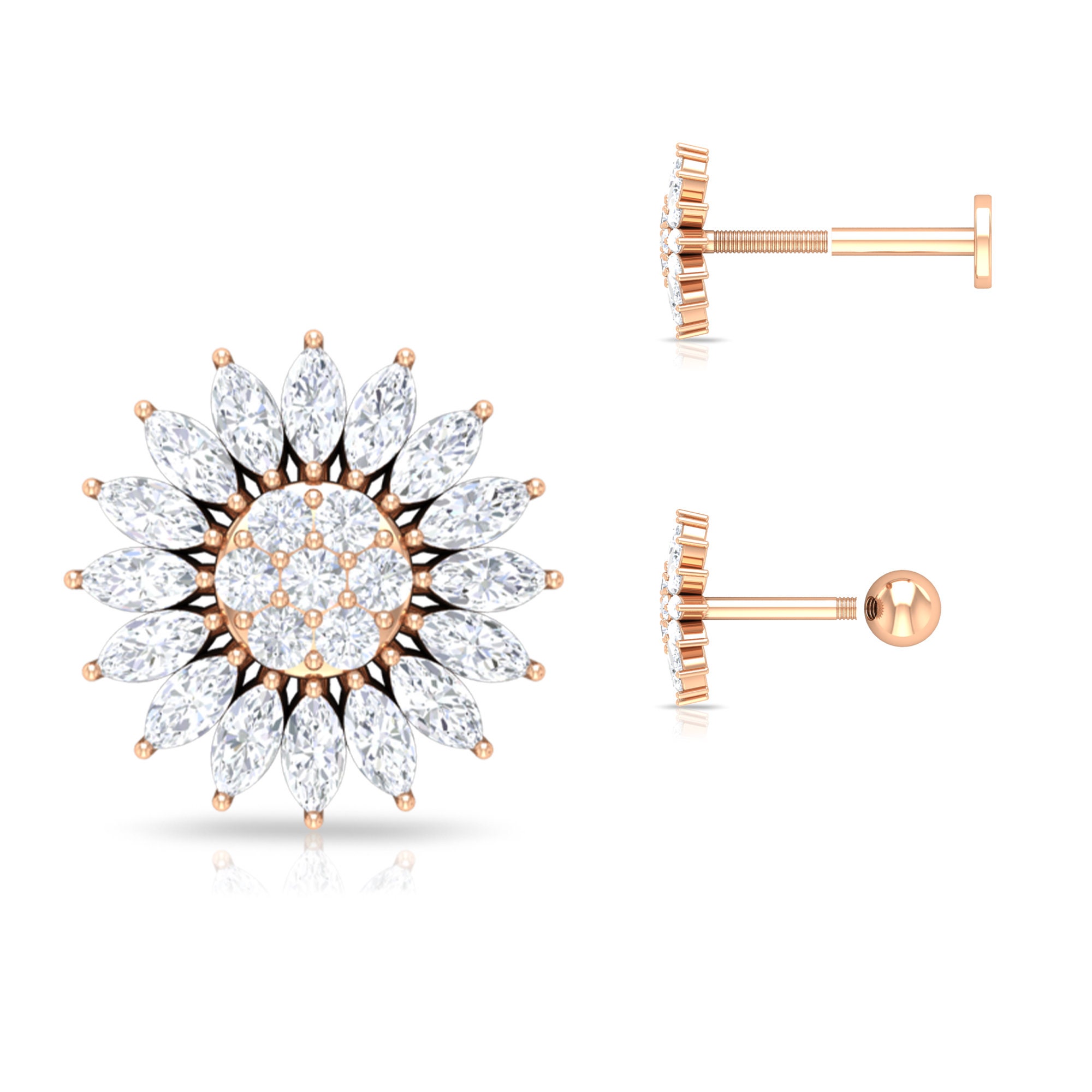 3/4 Ct Diamond Flower Earrings, Cartilage Stud, Helix, Conch Piercing Earring, Body Jewelry For Women, Stud Earrings