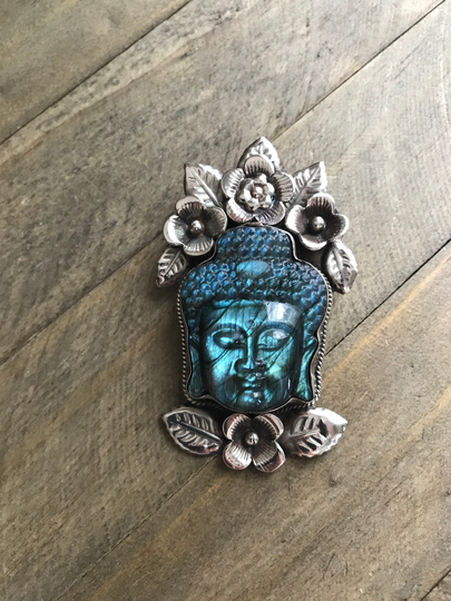 Labradorite Buddha Pendant, Handcrafted, Nepalese, Tibetan Repousse Silver, Floral Himalayan, 73x35 Mm