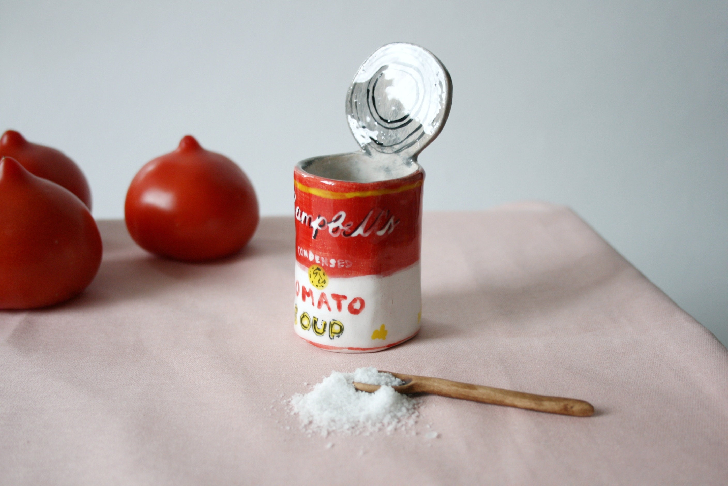 Ceramic Salt Pot With Spoon Campbells Tomato Soup Design, Open Ceramic Cellar As A Kitchen Accessories Gift For Her & New Home