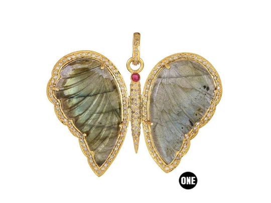 Pave Diamond Pendant Labradorite Butterfly Large Pendant, | 051-Dlb
