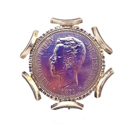 Silver Coin Brooch, Spanish Original Silver Coin Brooch. Amadeo I. 5 Ptas. Circa 1940. .antique & Vintage Jewelry. Jewel Gift