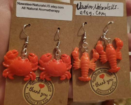 Lobster Or Crab Acrylic Handmade Earrings Hypoallergenic Hooks Clip On Choices
