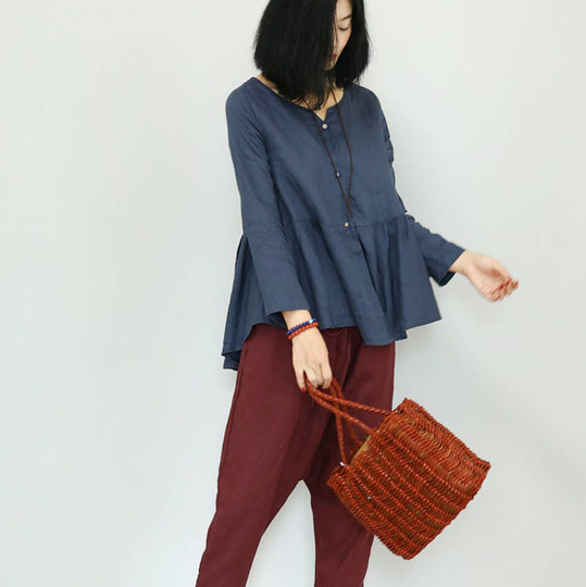 Women Linen Top Tunic Shirt Asymmetrical Loose Caftan Spring Autumn Maxi Handmade Custom