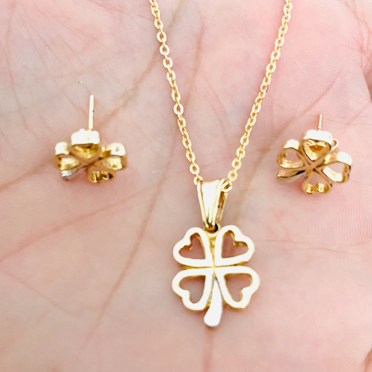 Lucky Four Leaf Clover Set, Necklace & Earrings, Luck Charm Necklace, Jewelry, Minimalist Set For Mom