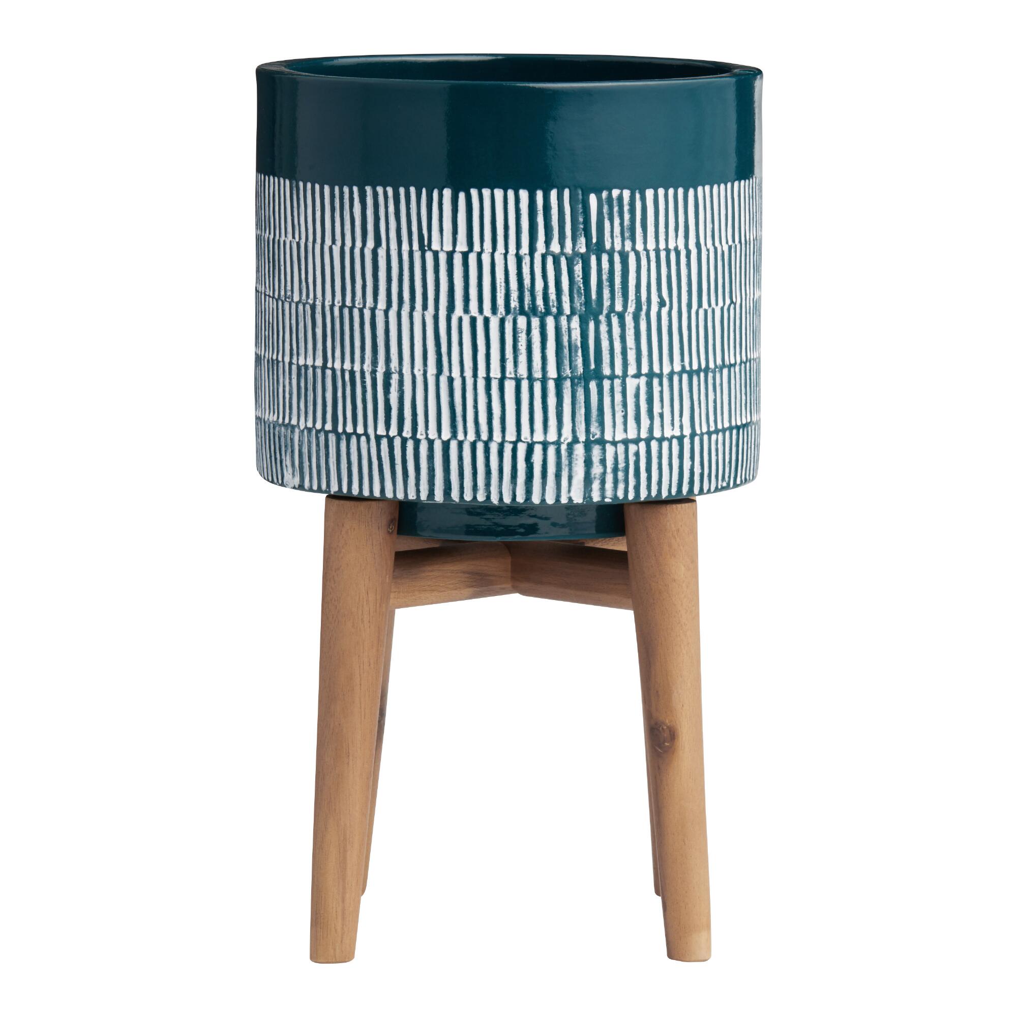 Dark Turquoise Ceramic Planter with Wood Stand: Blue by World Market