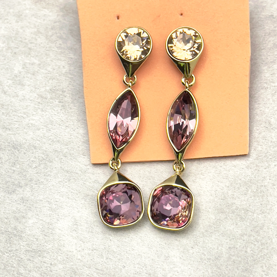 Givenchy Gold Tone Pierce Earrings, Dangling, Pretty Shades Of Pink Rhinestones, Like New