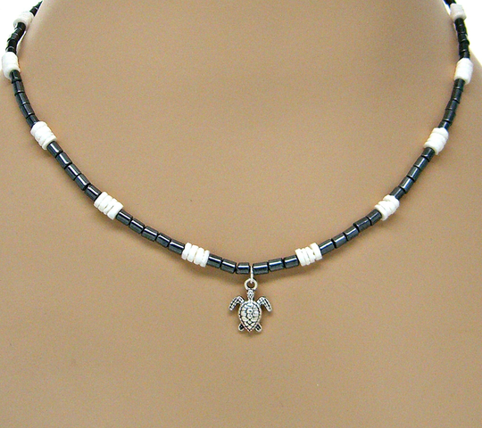 Black Glass White Puka Shells Necklace Sea Turtle, Save The Turtles, Pendant, Beach 18 Inches 7088-64