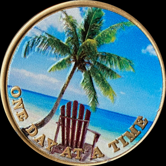 Color Tropical Beach Chair Palm Tree One Day At A Time Medallion Serenity Prayer Bronze Chip