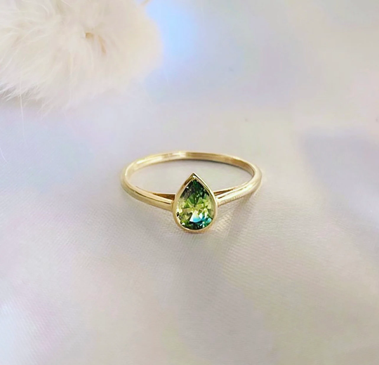Green Sapphire Ring | Pear Shape Engagement 14K Yellow Gold Bezel Set Setting
