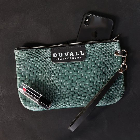 Green Genuine Leather Wristlet, Woven Textured Clutch, Small Wristlet With Zipper, Made in Usa, Zippered