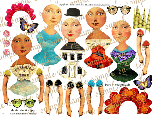 Art Tea Life Paper Doll Busts Collage Sheet Journal Digital File Printable Download Decoupage Scrapbook Card Tag Tags Party Favor