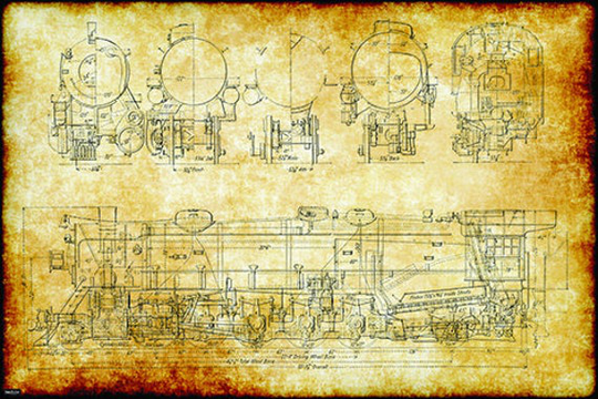 Retro Vintage Steam Locomotive Train Engineering Technical Drawing Schematic Home Decor Print Poster