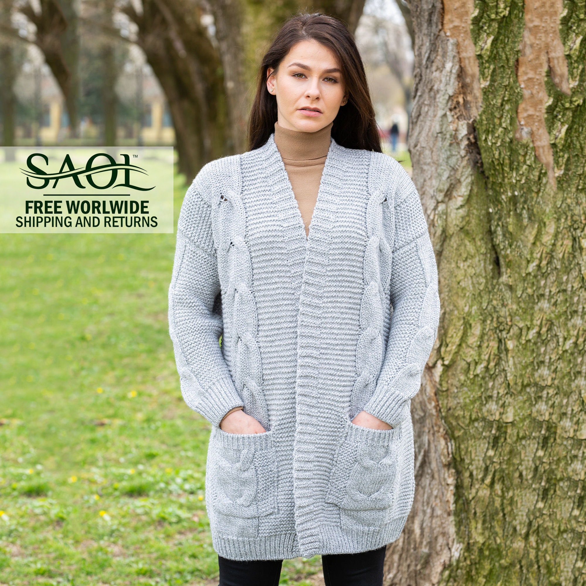 Irish Aran Cardigan, Merino Wool Blend Fisherman Womens Traditional Knit Coatigan, Cable Open Coat, Ireland Knitted Cardigan