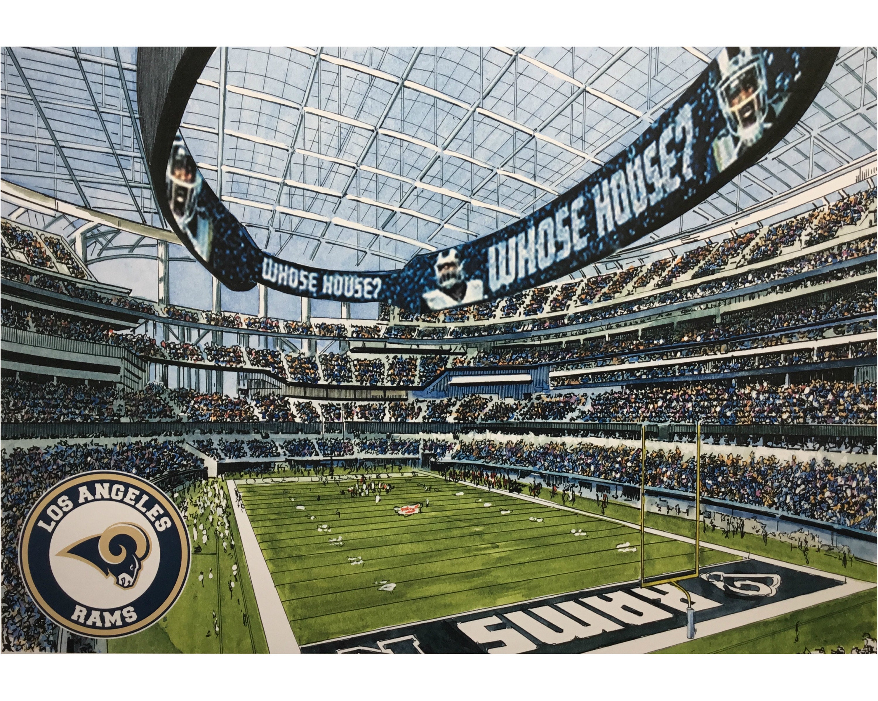 Los Angeles Rams - Memorial Coliseum Limited Edition Pen & Ink Watercolor Art Print Illustration By John Stoeckley